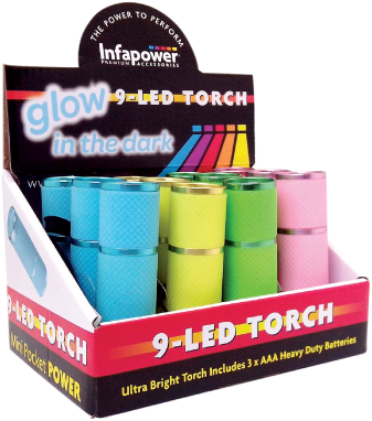 9 LED GLOW IN THE DARK TORCH (BOX OF 12)