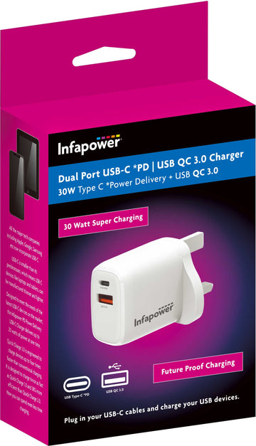 DUAL TYPE C 30W (PD)* + USB 3.0 (QC)* MAINS CHARGER