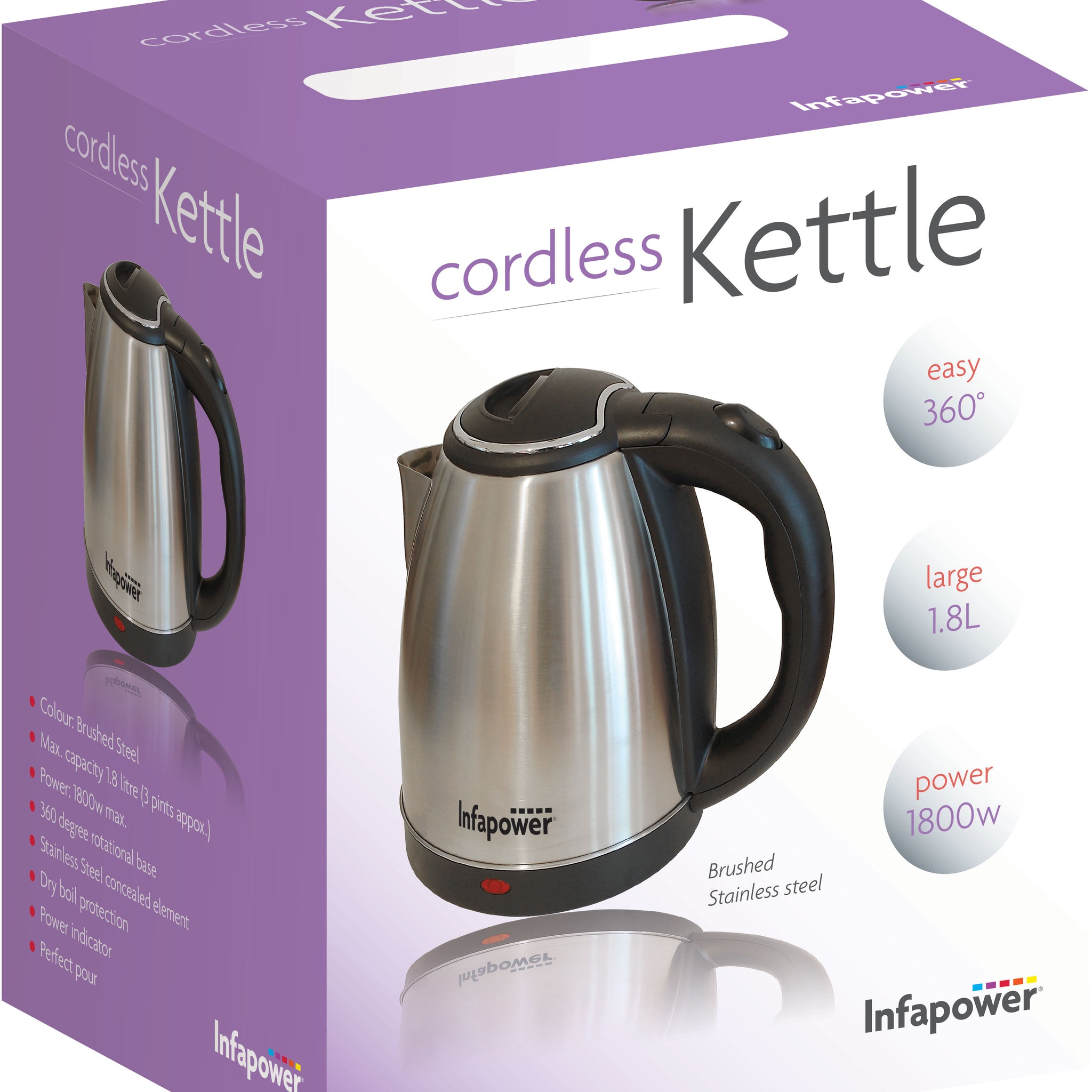 1800w 1.8L 360° CORDLESS BRUSHED STAINLESS STEEL KETTLE