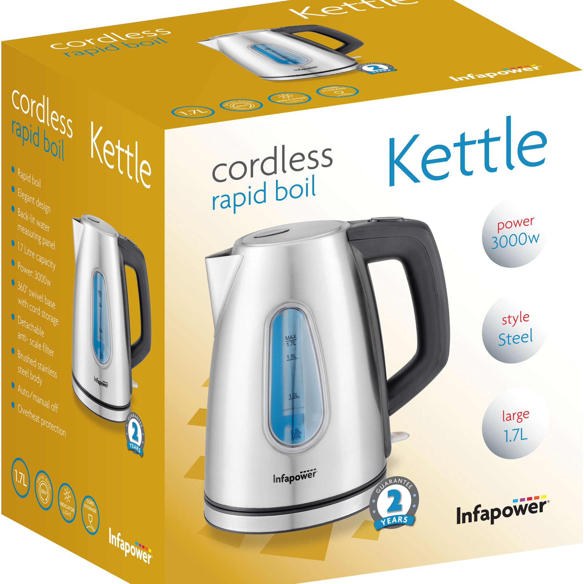 3000w 1.7L RAPID BOIL 360° CORDLESS S/STEEL KETTLE